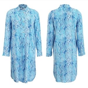 Melissa Odabash Blue Snake Long Sleeve Boyfriend Shirt Dress Womens Size Small S